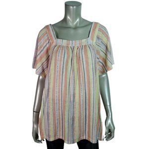 Evri Top Plus Size 1X‎ Linen Blend Stretch Square Neck Pullover Multicolor